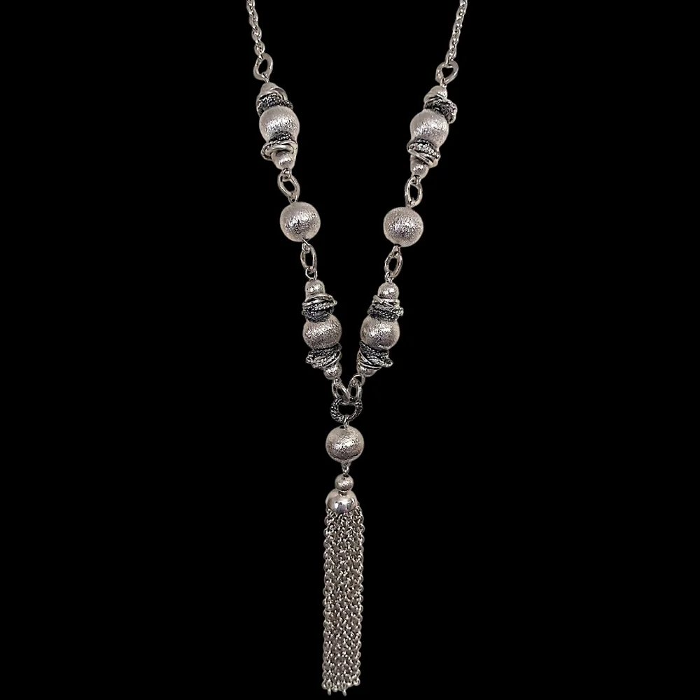 Y Drop Beaded Tassel Chain Necklace Bohemian‎ Western Witchy Silver Tone Gypsy